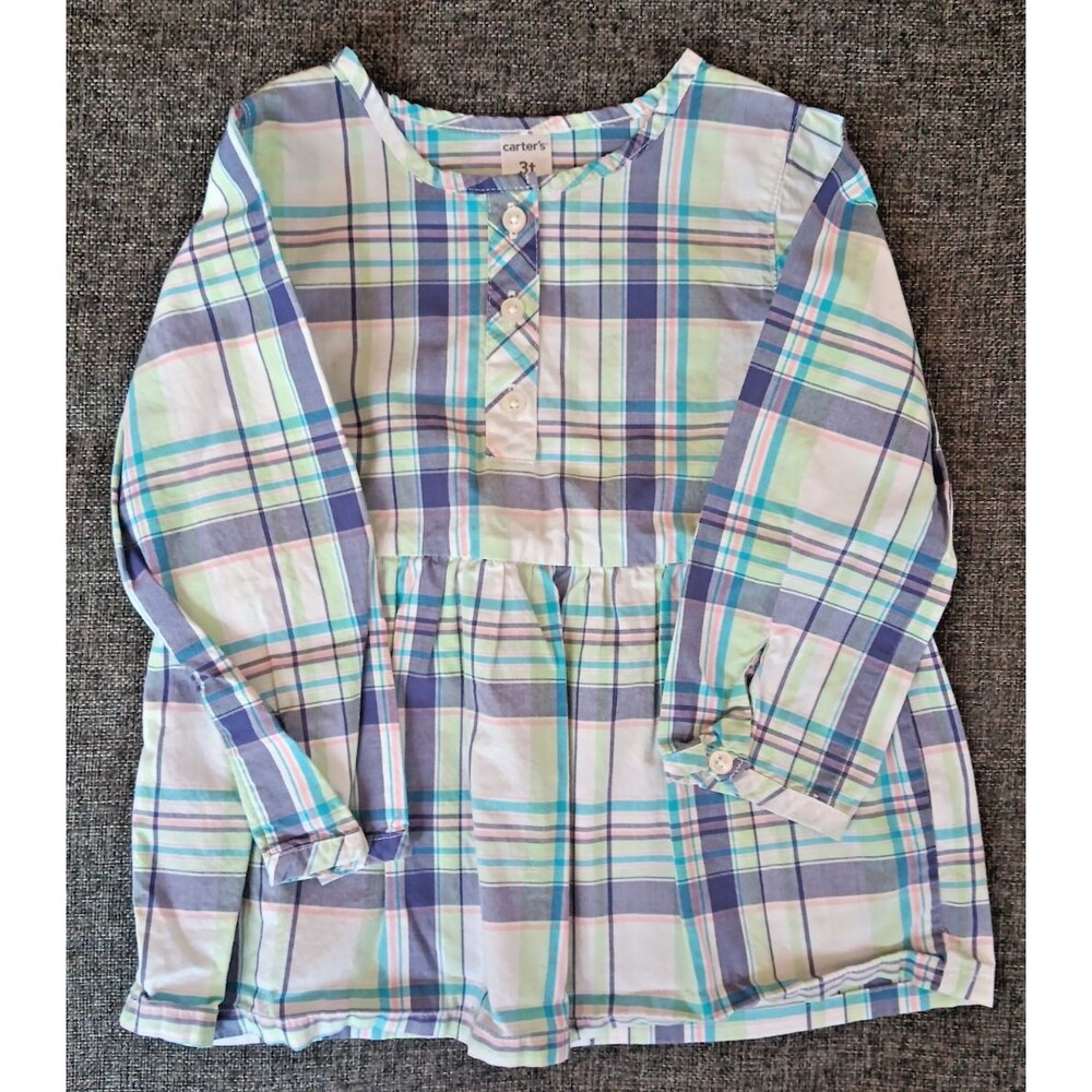 Carters Shirt Size 3T Girls Purple Green White Plaid Long Sleeve